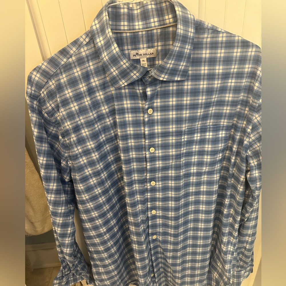 Besutiful blue/white Peter Millar cotton long sleeve sport shirt XL